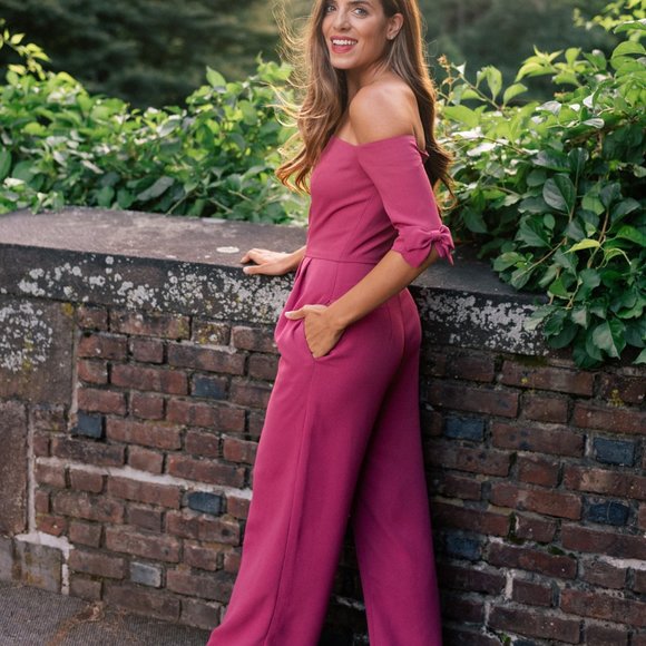 Gal Meets Glam Collection - Meredith pink jumpsuit - off the shoulder with bows - Picture 3 of 15